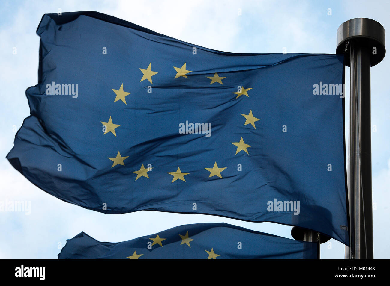 Brussels, Belgium. 18th Jan, 2018. EU Flags wave in front of European Commission headquarters building in Brussels, Belgium on 18.01.2018 by Wiktor Dabkowski | usage worldwide Credit: dpa/Alamy Live News Stock Photo
