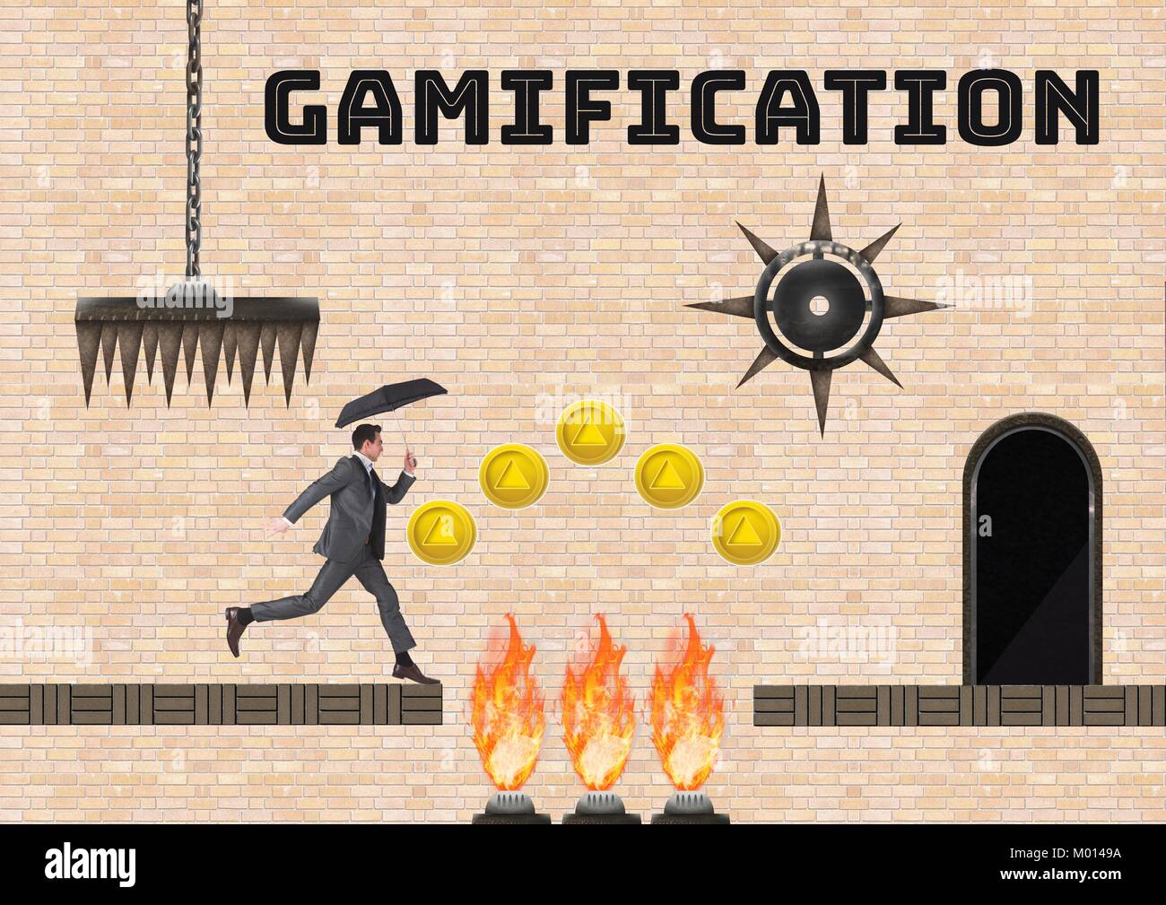 Gamification text and man in Computer Game Level with coins and traps ...