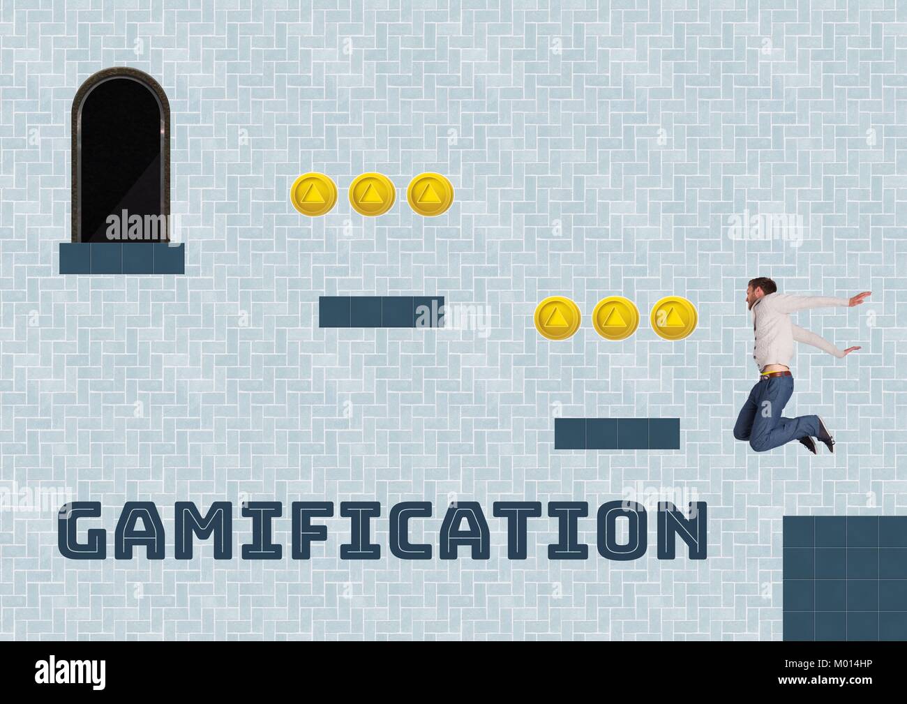 Gamification text and Man in Computer Game Level with coins Stock Photo ...