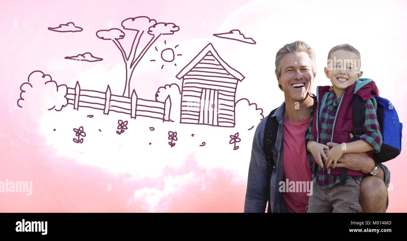 Father and son happy with garden drawings Stock Photo - Alamy