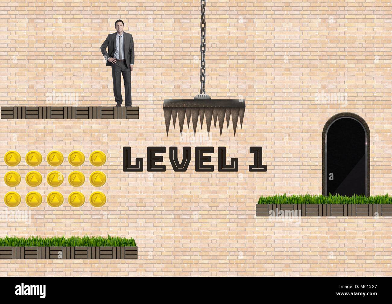 Level 1 text and man in Computer Game Level with coins and trap Stock ...