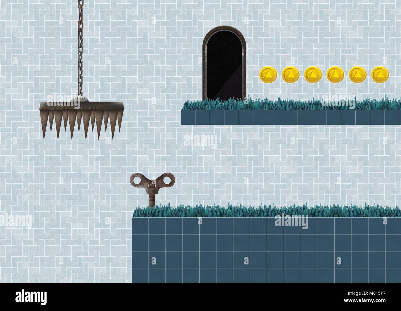 Computer Game Level with key and coins and trap Stock Photo - Alamy