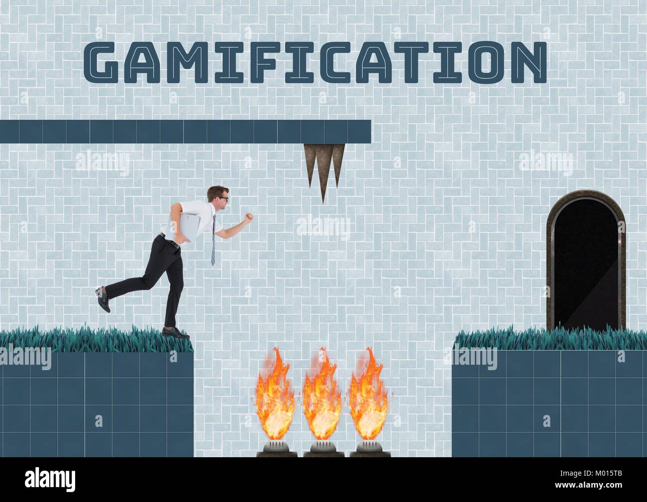 Gamification text and Businessman in Computer Game Level with fire and ...