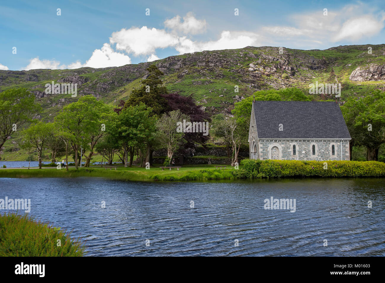 A Photo of the Beautiful little Church at Gougane Bara in Co. Cork, situated on a small island in the Lake. Stock Photo