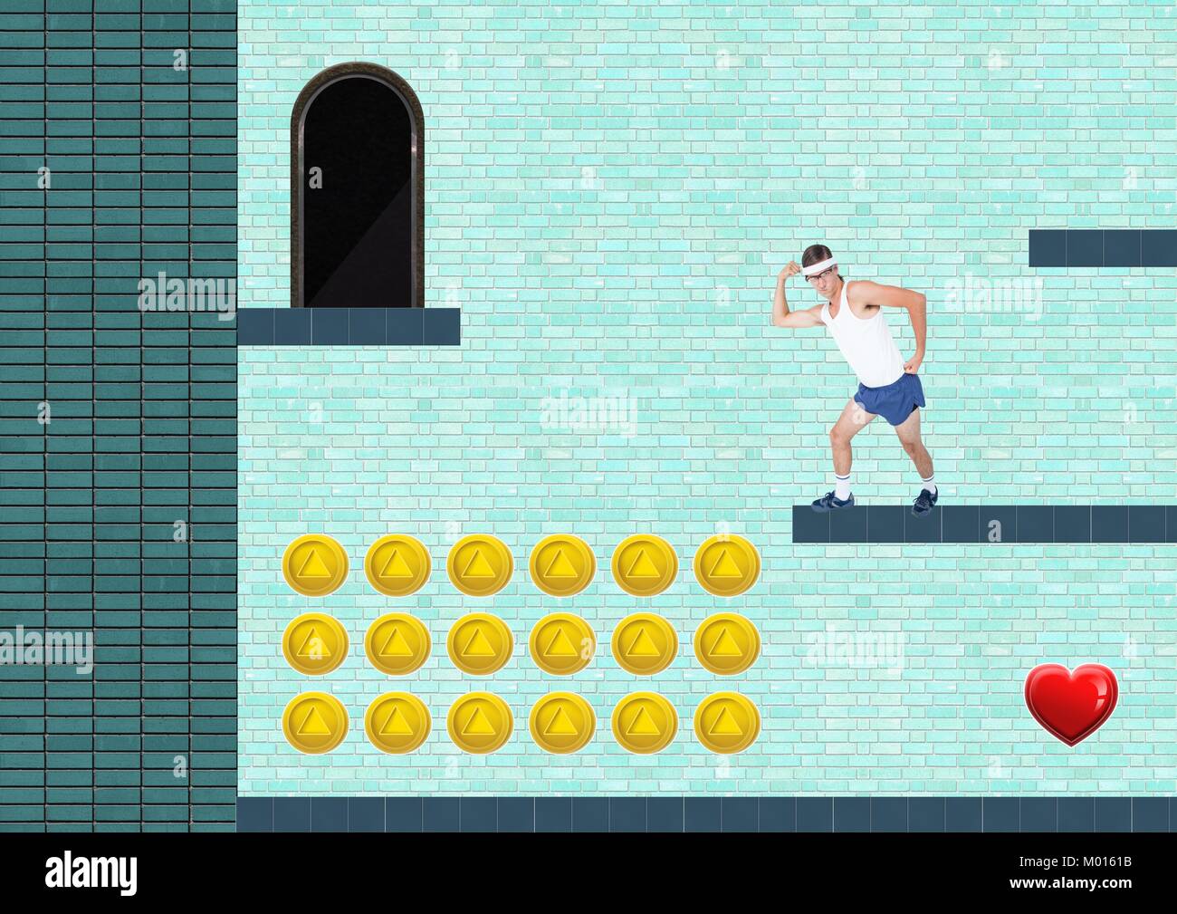 Fit man in Computer Game Level with coins and heart Stock Photo