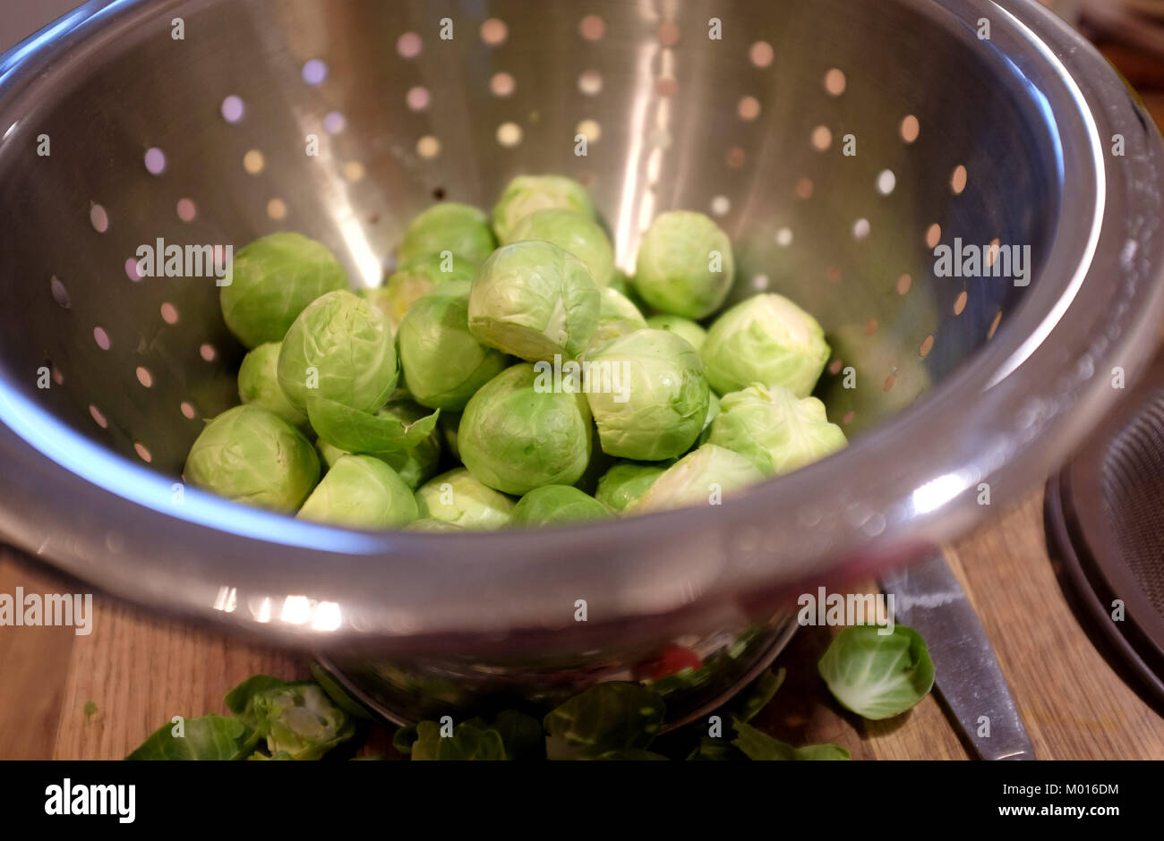 Freshly peeled prepared British sprouts ready for cooking Stock Photo