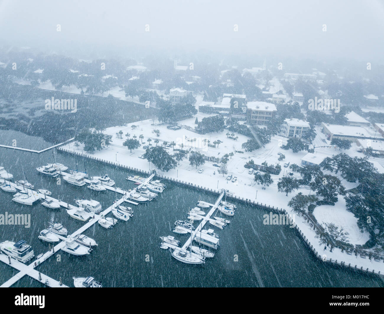 Aerial view of Beaufort, South Carolina during a rare snowstorm Stock