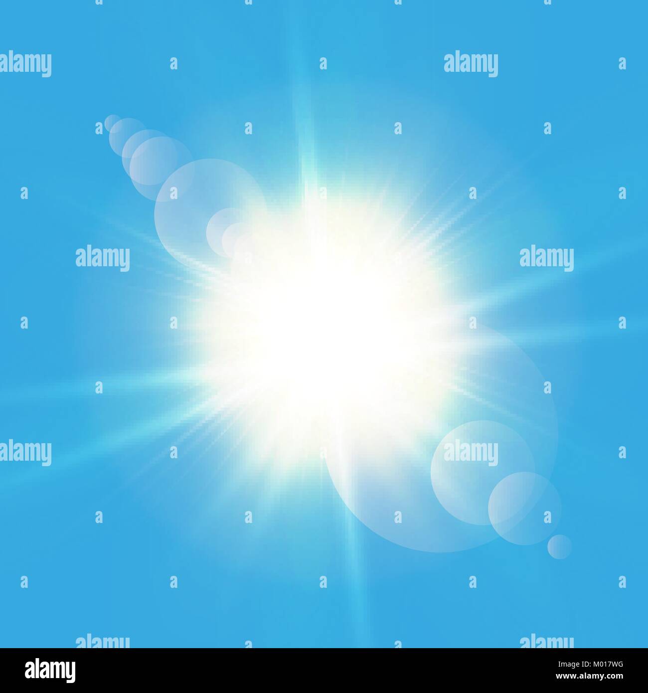 Realistic shining sun with lens flare. Blue sky with clouds background ...