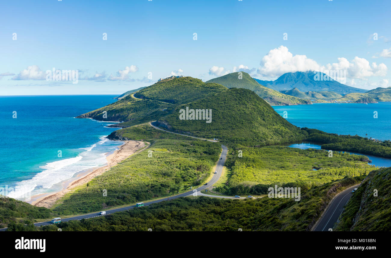 Panoramic view of South end of St Kitts and Frigate Bay with Nevis in