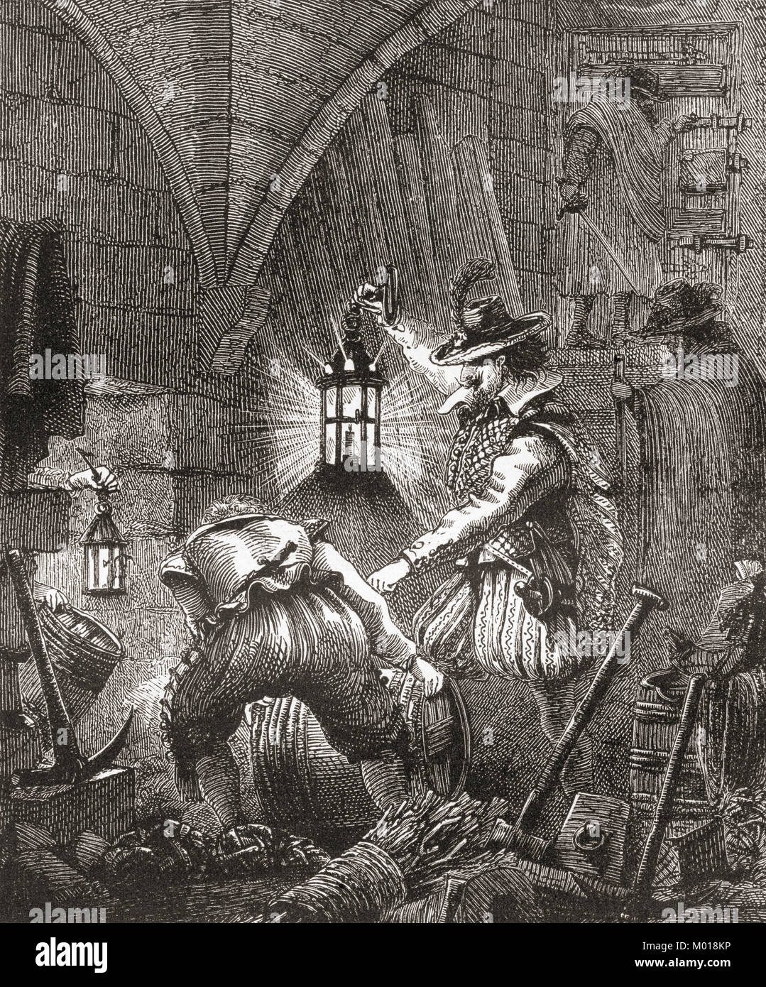 Guy Fawkes and the conspirators at work.  Guy Fawkes, 1570 – 1606, aka Guido Fawkes, member of a group of provincial English Catholics who took part in The Gunpowder Plot of 1605, aka Gunpowder Treason Plot or the Jesuit Treason, a failed assassination attempt against King James I of England and VI of Scotland. The plot was to blow up the House of Lords during the State Opening of England's Parliament on 5 November 1605.  From Ward and Lock's Illustrated History of the World, published c.1882. Stock Photo