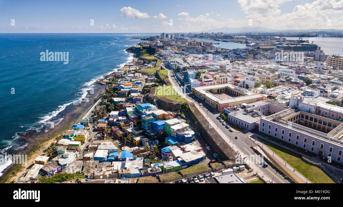 Aerial view of old San Juan, Puerto Rico and La Perla slum Stock Photo ...
