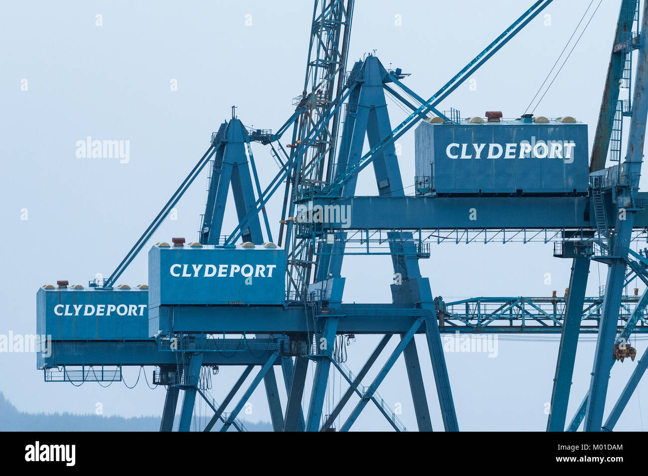 Clydeport Greenock - the three iconic blue container cranes at Greenock Ocean Terminal, Inverclyde, Scotland, UK Stock Photo
