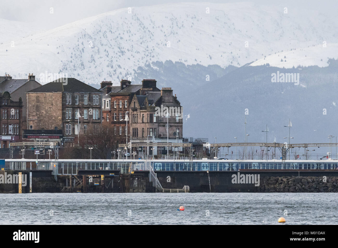 Gourock railway station and ScotRail train at the pierhead in winter, Gourock, Inverclyde, Scotland, UK Stock Photo