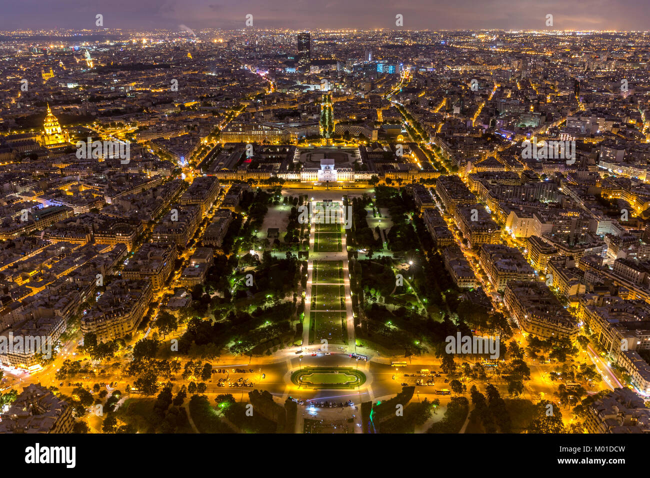 From above aerial view to Champ de Mars Paris, France at night Stock Photo