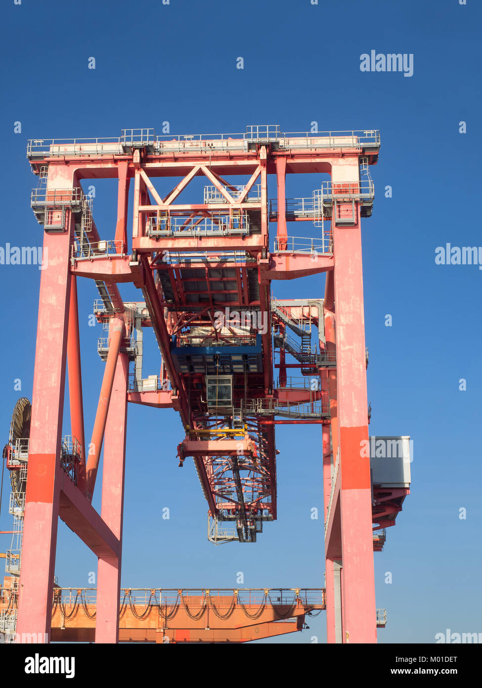 Genoa , Italy December 23, 2017 Detail of a big red cranes used in