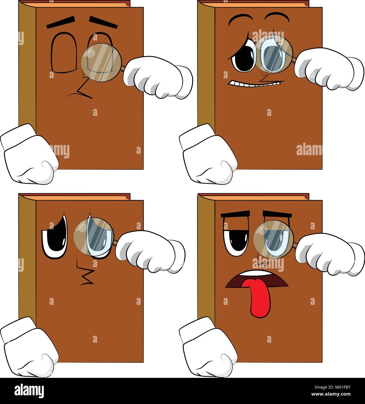 Books holding a magnifying glass. Cartoon book collection with sad faces. Expressions vector set. Stock Vector