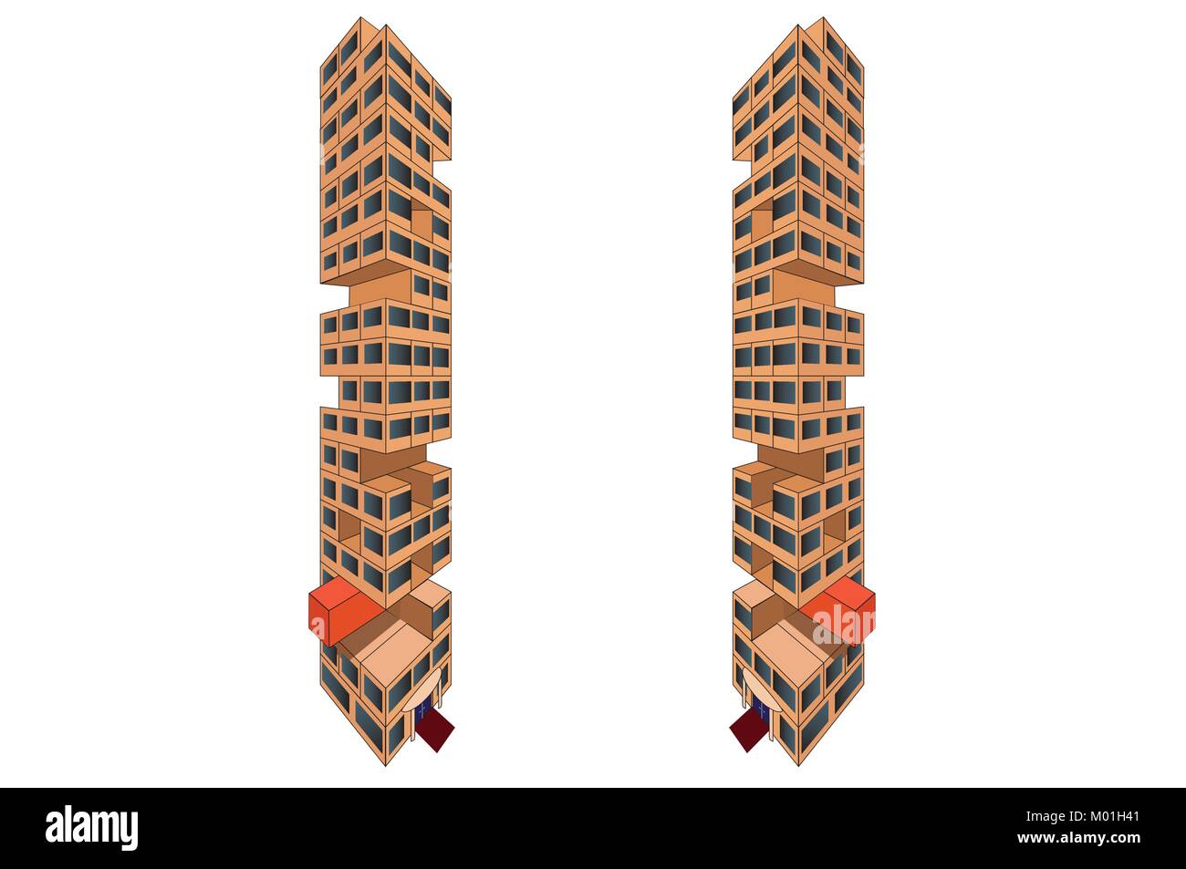 Vector of Tumbling Office Tower with Entrance and Windows, Collapsing Skyscraper/Business/Office Building, Illustration of Failed Business/Lost Trust Stock Vector