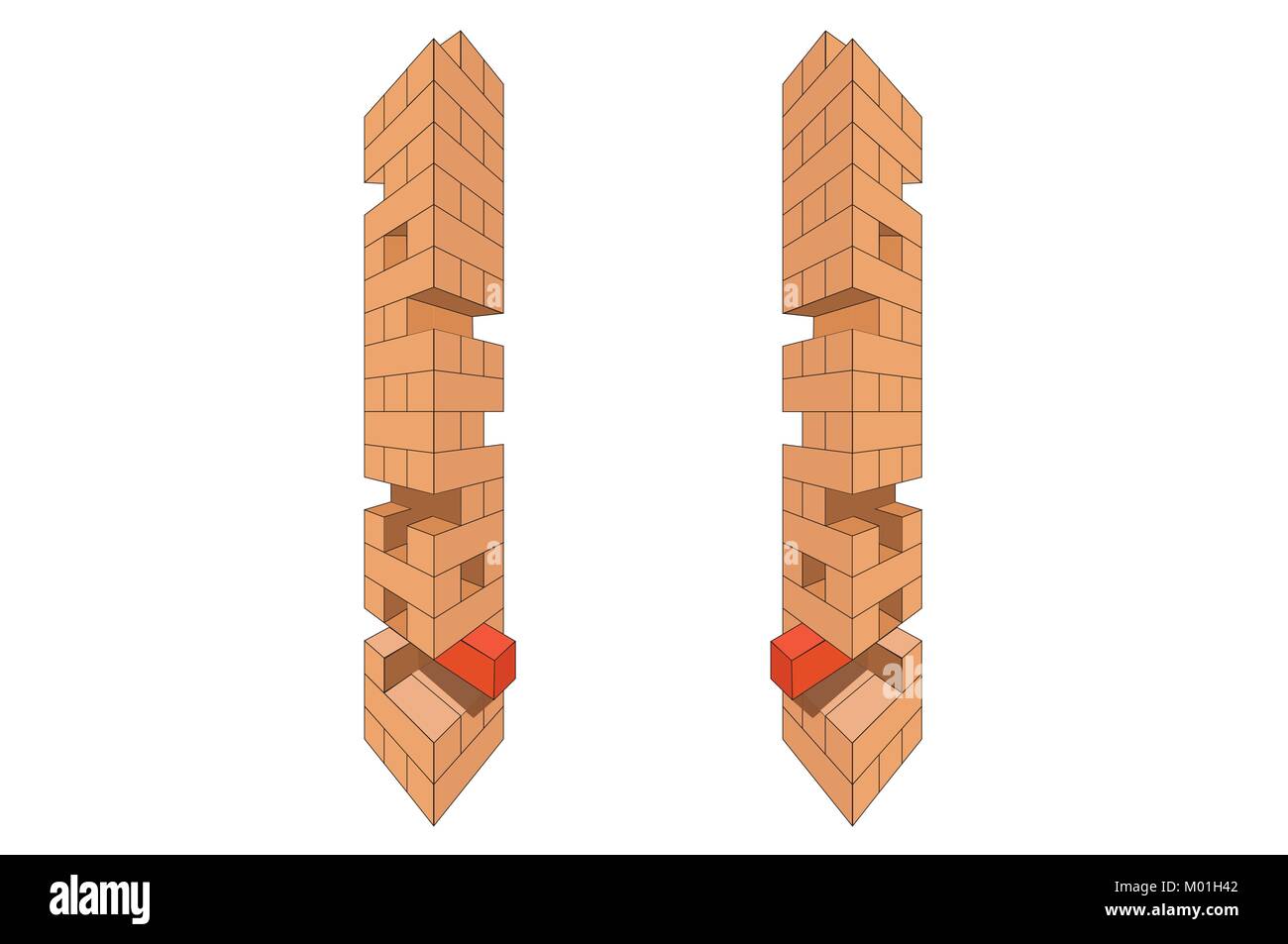illustration of a tumbling tower while last and wrong building block is pulled out, vector of a tower of building block shortly before it is breaking Stock Vector