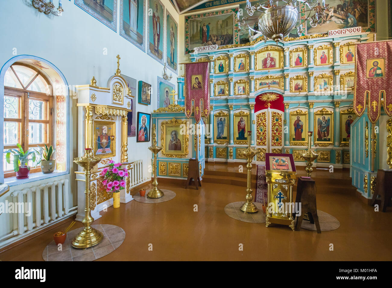 Beloye Boloto, Gomel Region, Belarus. Interior Of Orthodox Church Of Saint George Built On Place Where There Was Oak Grove Recently. Stock Photo