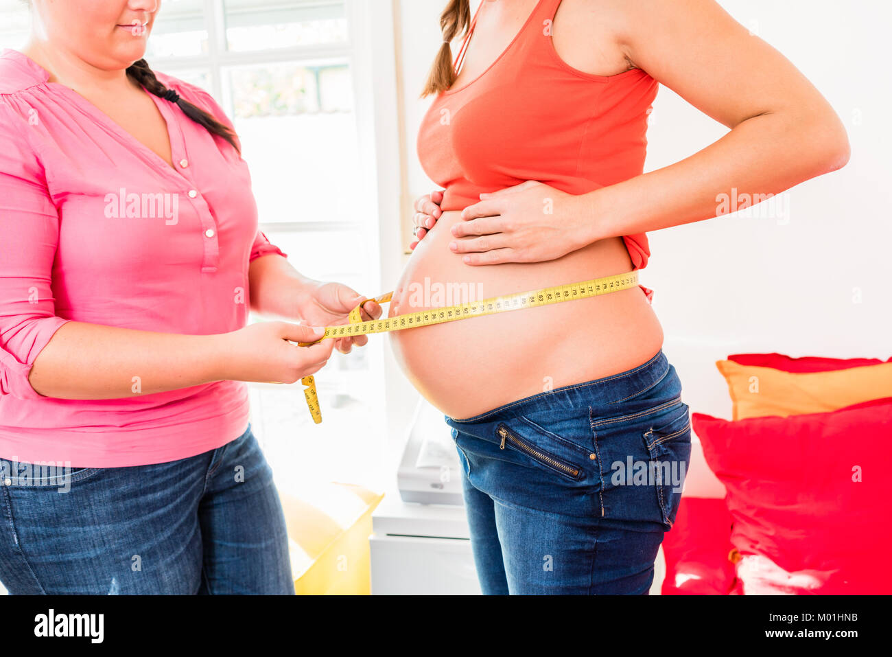 Standing pregnant women and midwife measuring circumference of b Stock Photo
