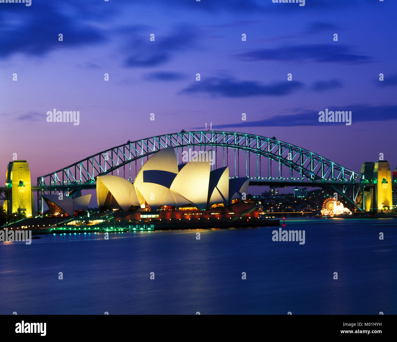 Opera House and Harbour Bridge at dusk, Sydney, New South Wales, Australia Stock Photo