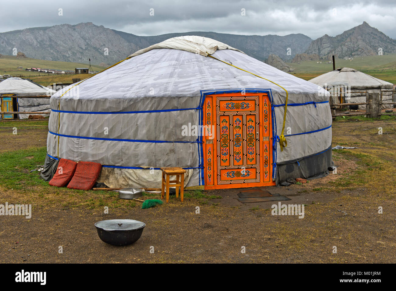 Yurt with colorful door in a camp of Mongolian nomads, Gorkhi-Terelj National Park, Mongolia Stock Photo