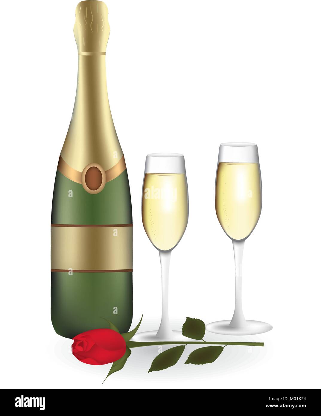 Champagne bottle with two glasses and rose, vector Stock Vector