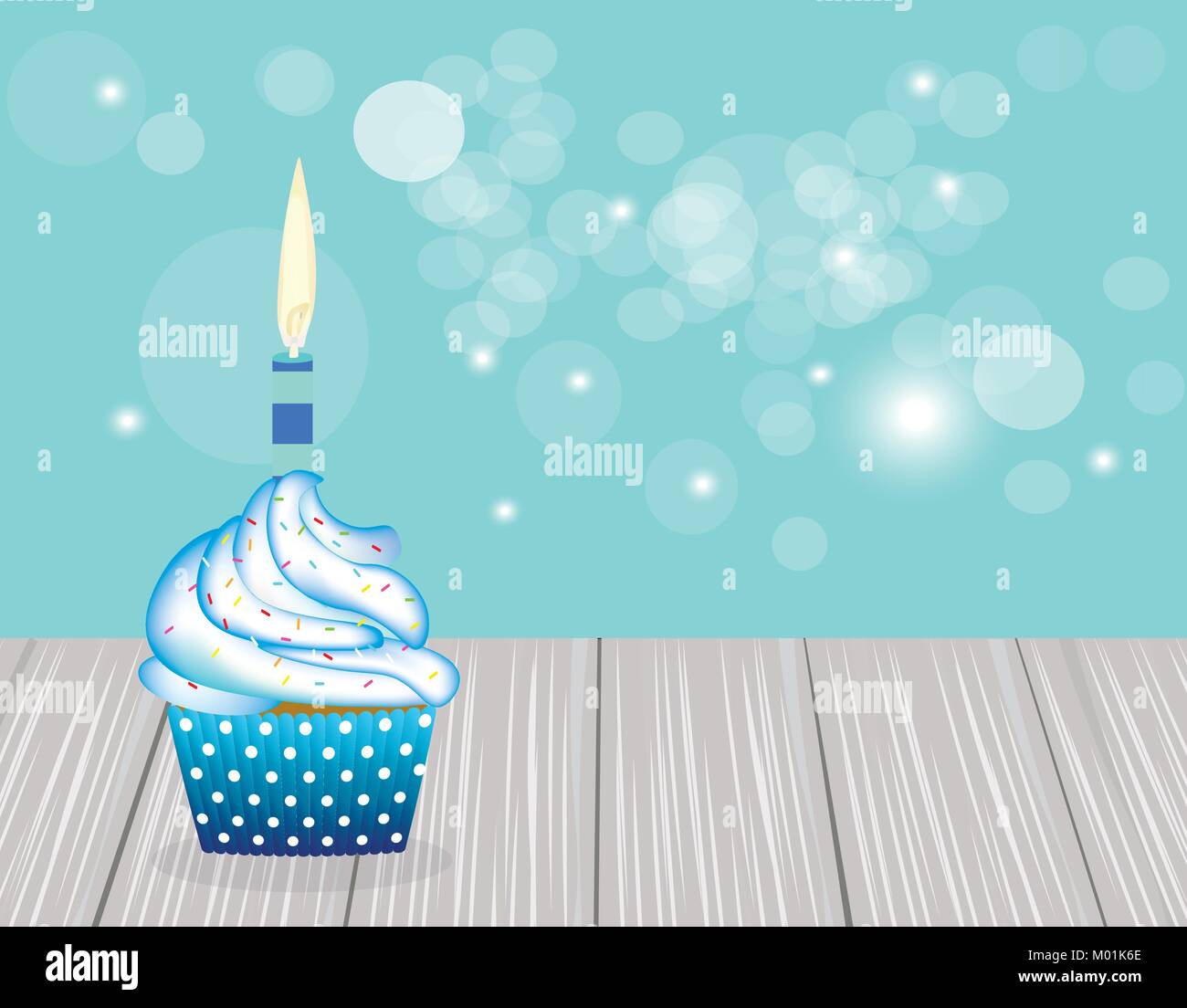 Cupcake With Blue Candle On Blue Blurred Background Birthday Card