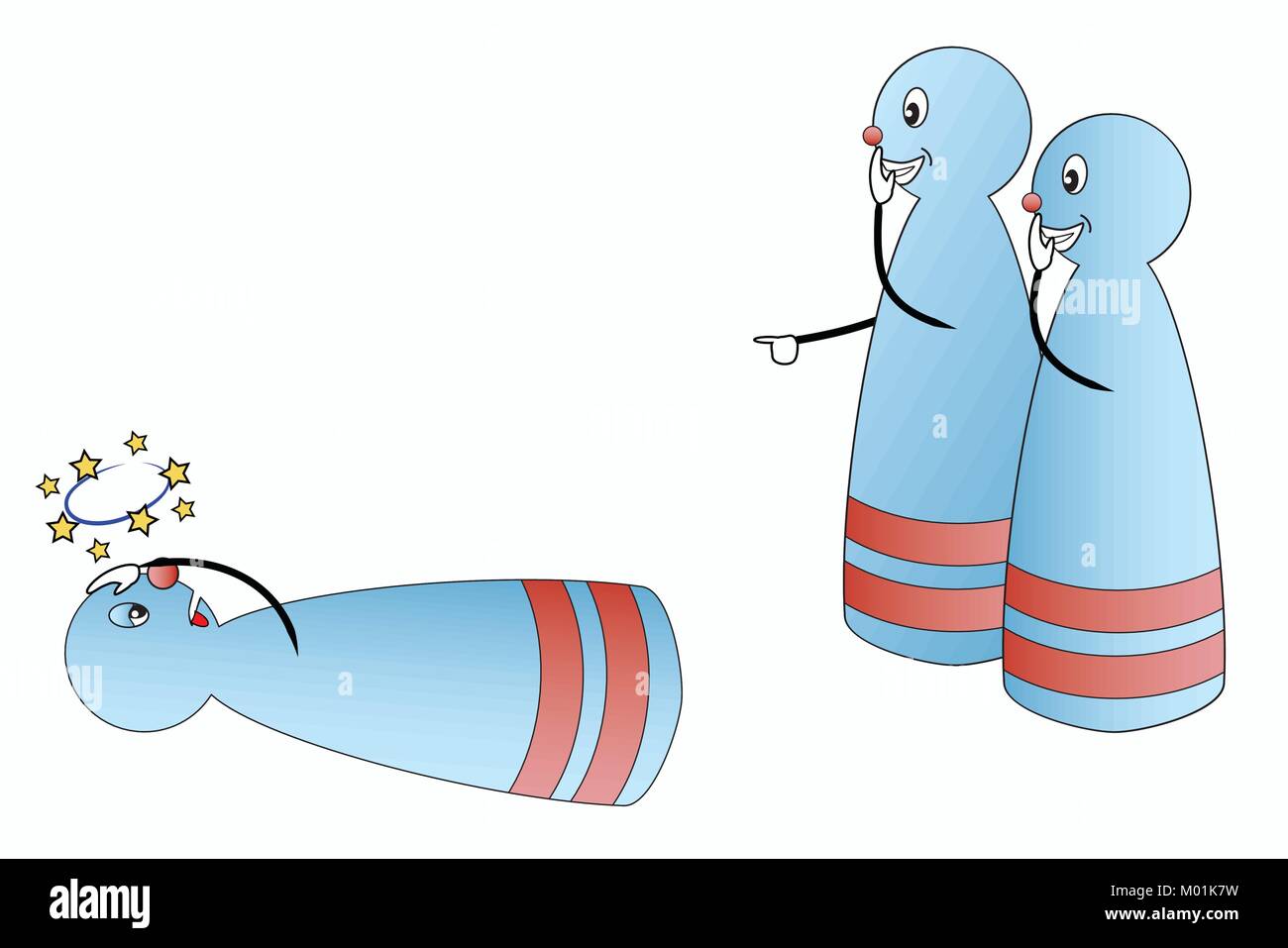 Illustration of two bowling pins being gleeful about a fallen, hurted pin feeling dizzy and sick, vector of laughed at pin and two mean pins Stock Vector