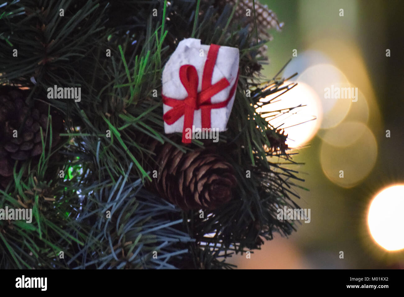 Christmas decoration with blurry light bokeh background Stock Photo