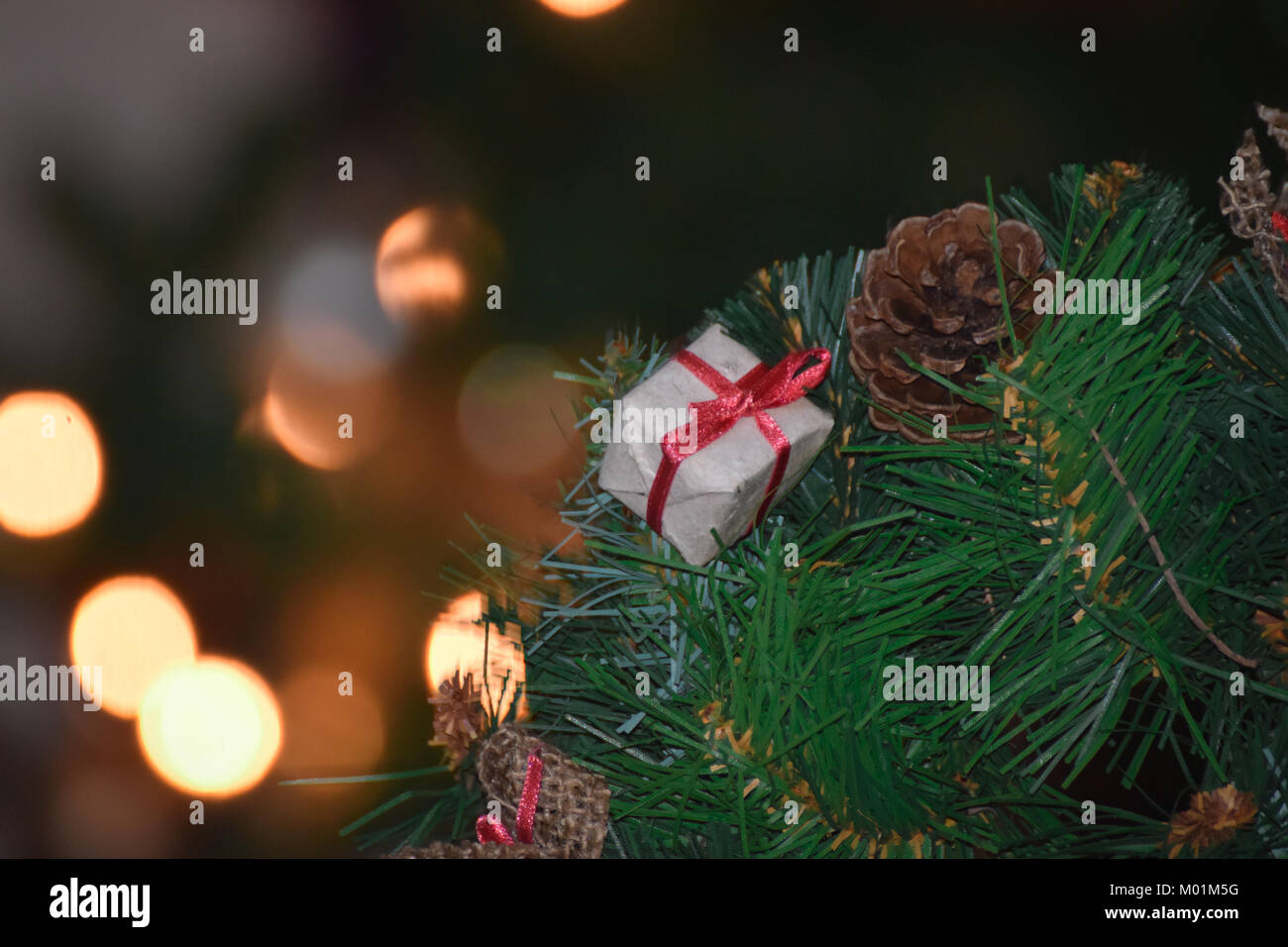 Christmas decoration with blurry light bokeh background Stock Photo