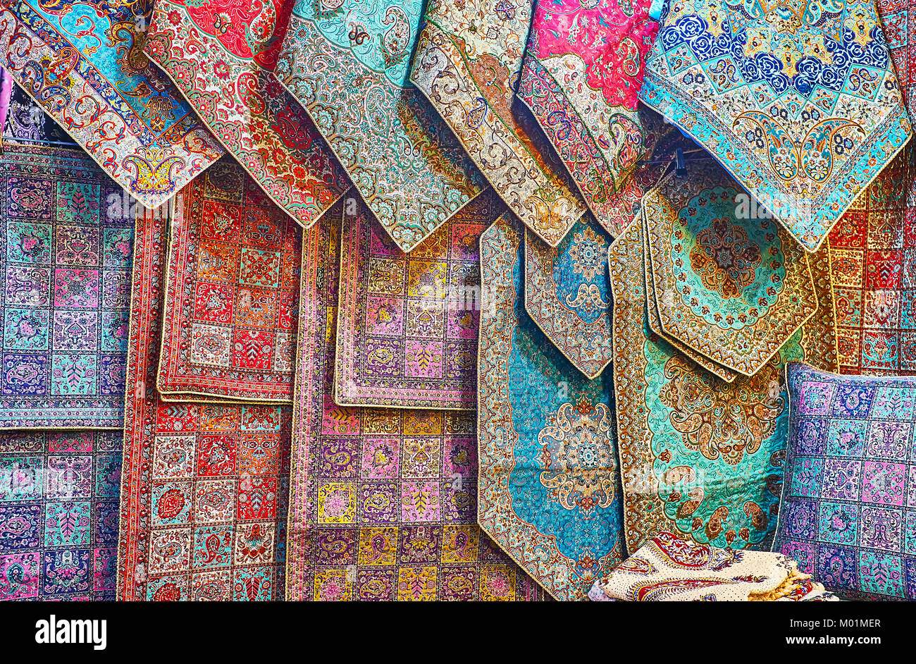 The showcase of Vakil Bazaar store with wide range of silk tapestries with complex Persian patterns Shiraz Iran Stock Photo Alamy