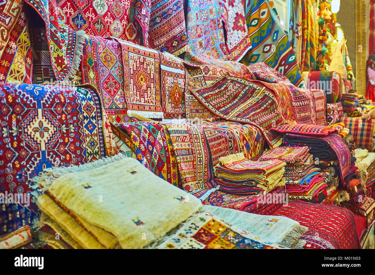 The Persian carpets boast complex patterns, bright colors, high quality