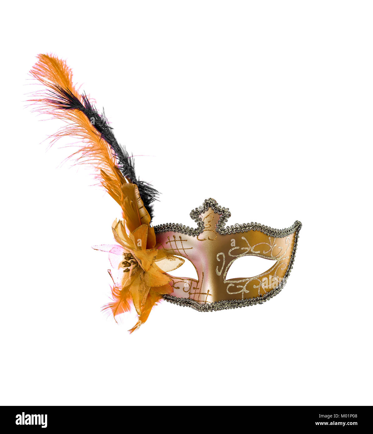 Venetian carnival mask with feathers isolated on a white background