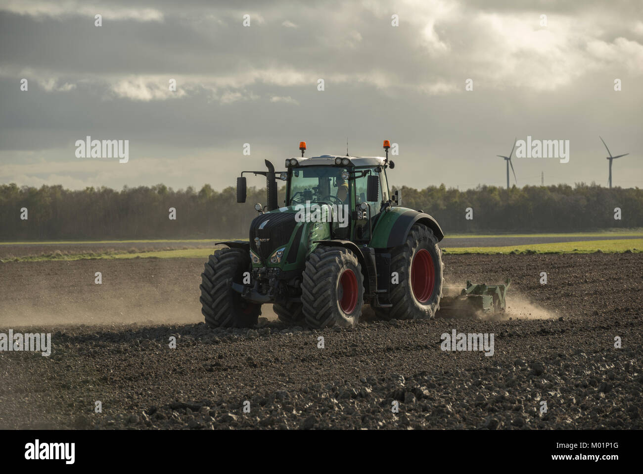 Spring soil cultivation underway in preparation for sowing, by Airth, Falkirk, Scotland, UK. Stock Photo