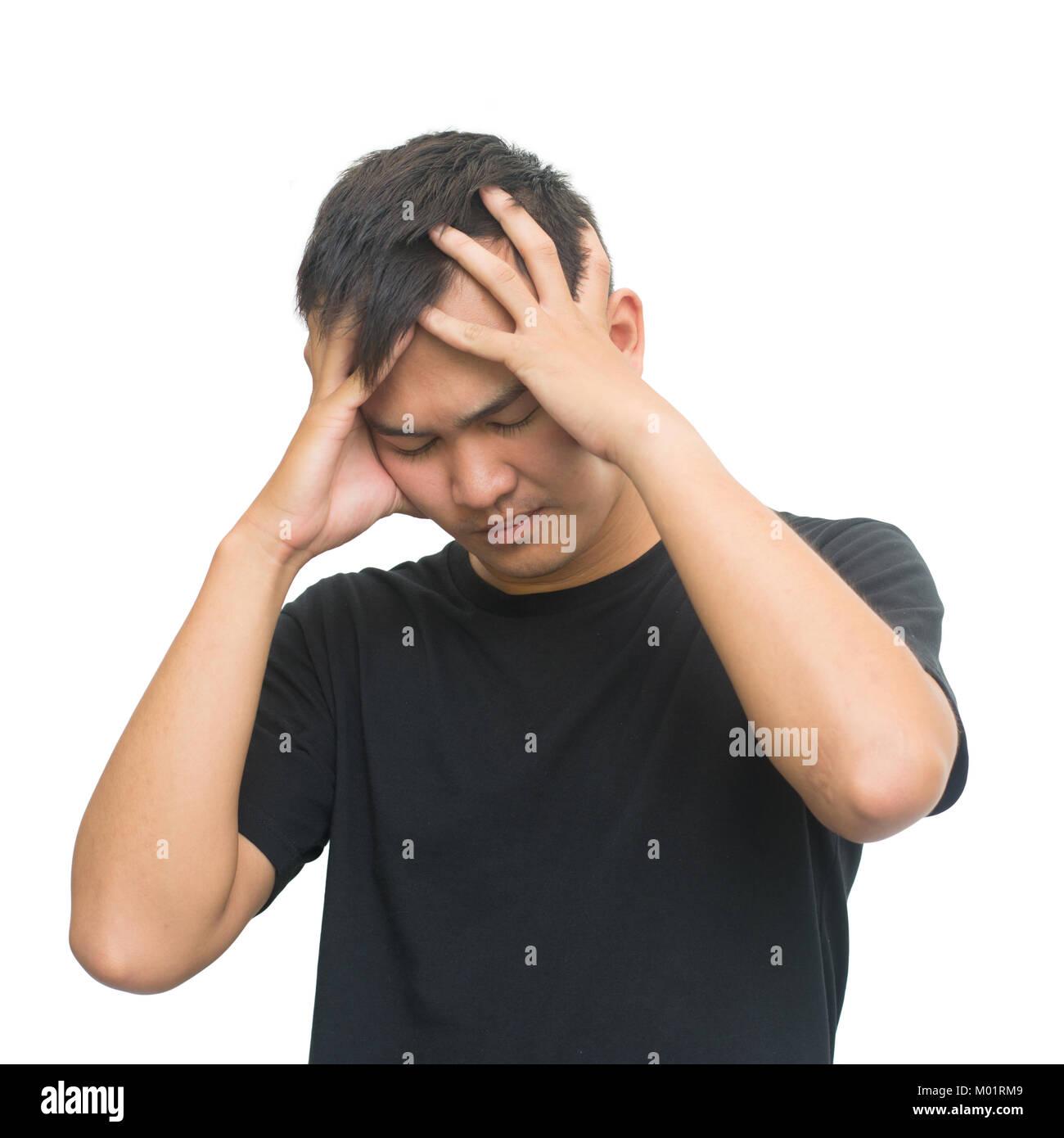 emotions and people concept - asian man has stressed isolated on white background with clipping path Stock Photo