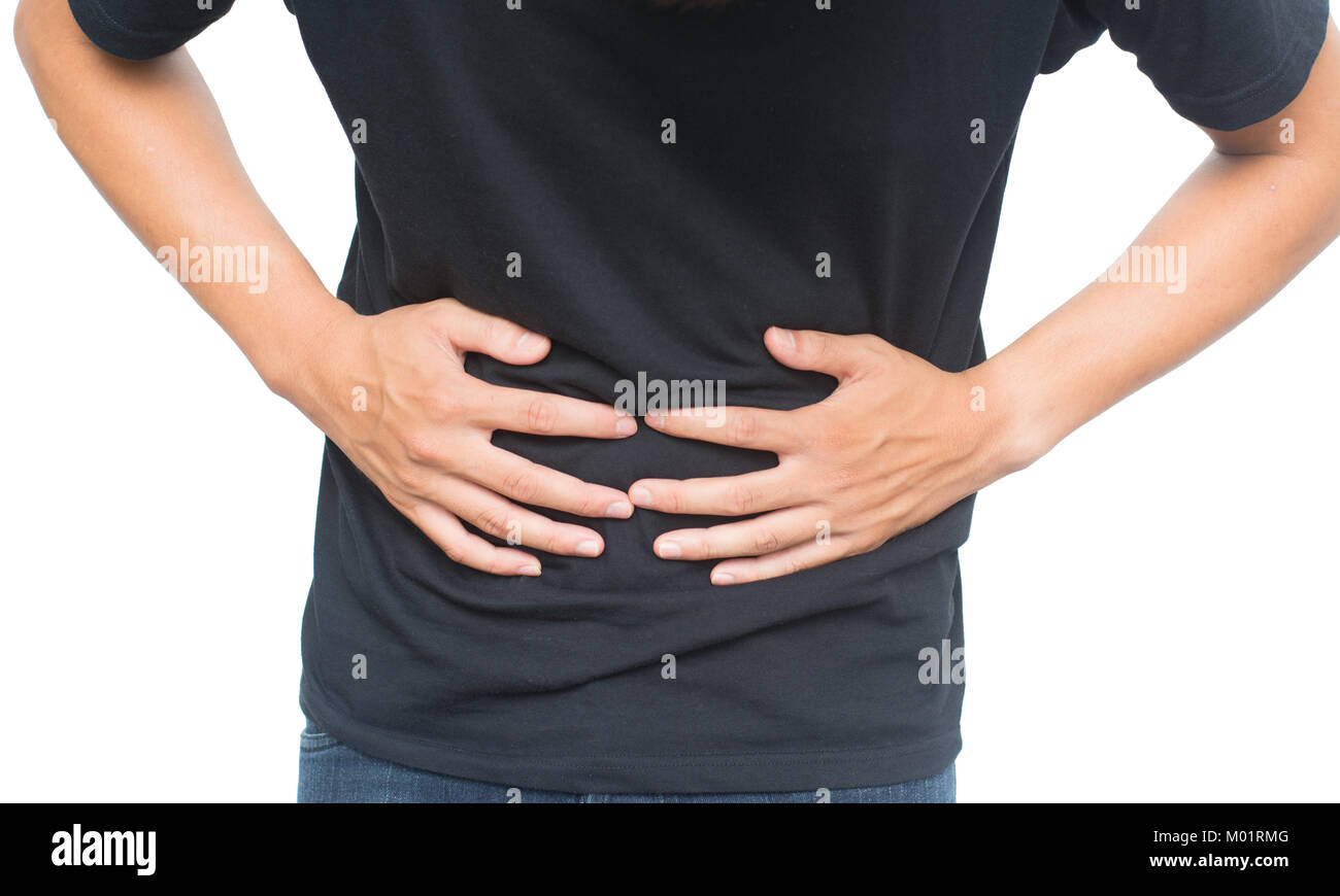 Asian  man with black shirt has painful with stomachache isolated on white background with clipping path Stock Photo