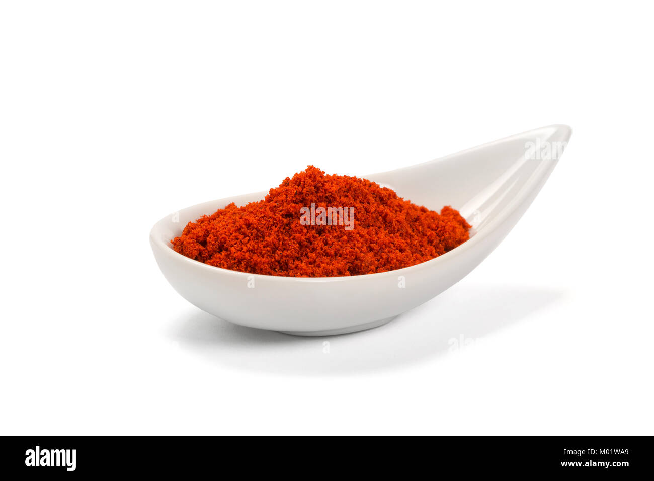 Bowl of ground red pepper spice in bowl isolated on white. Stock Photo