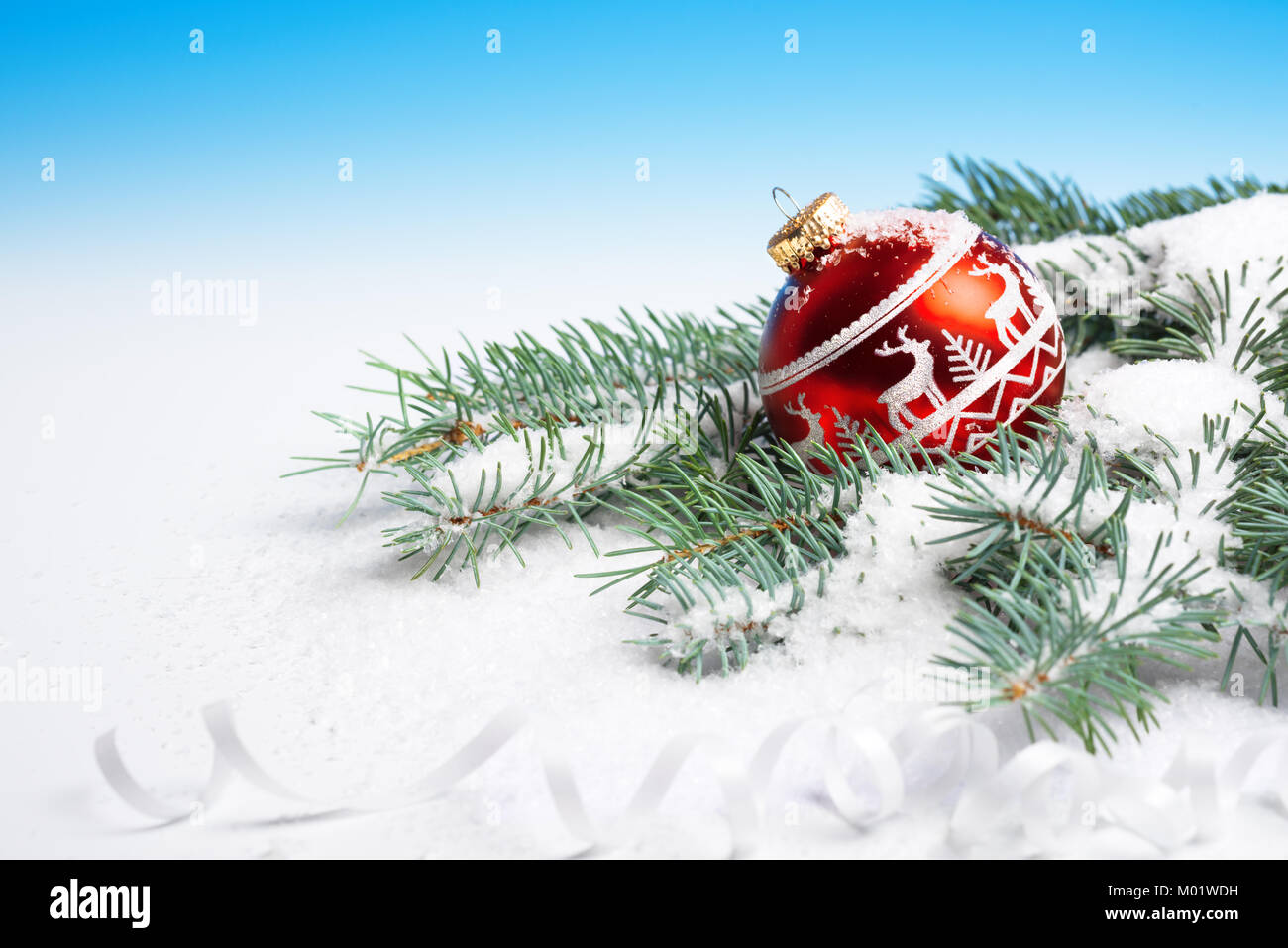 Red Christmas bauble on xmas trtee twigs covered with snow, text space ...