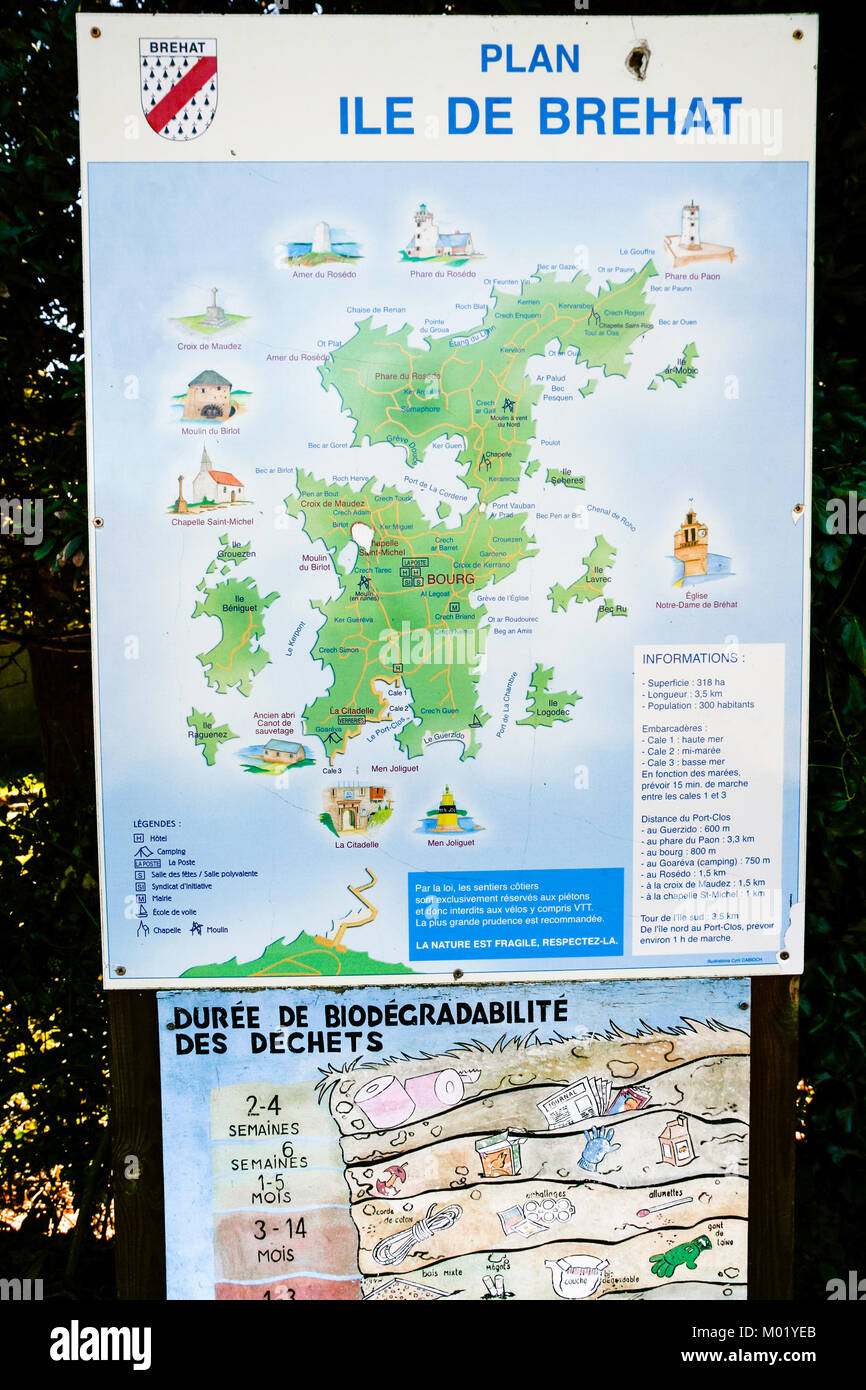 ILE-DE-BREHAT, FRANCE - JULY 4, 2010: outdoor map of Brehat island. Ile-de-Brehat is island and commune located near Paimpol town, a mile from the nor Stock Photo