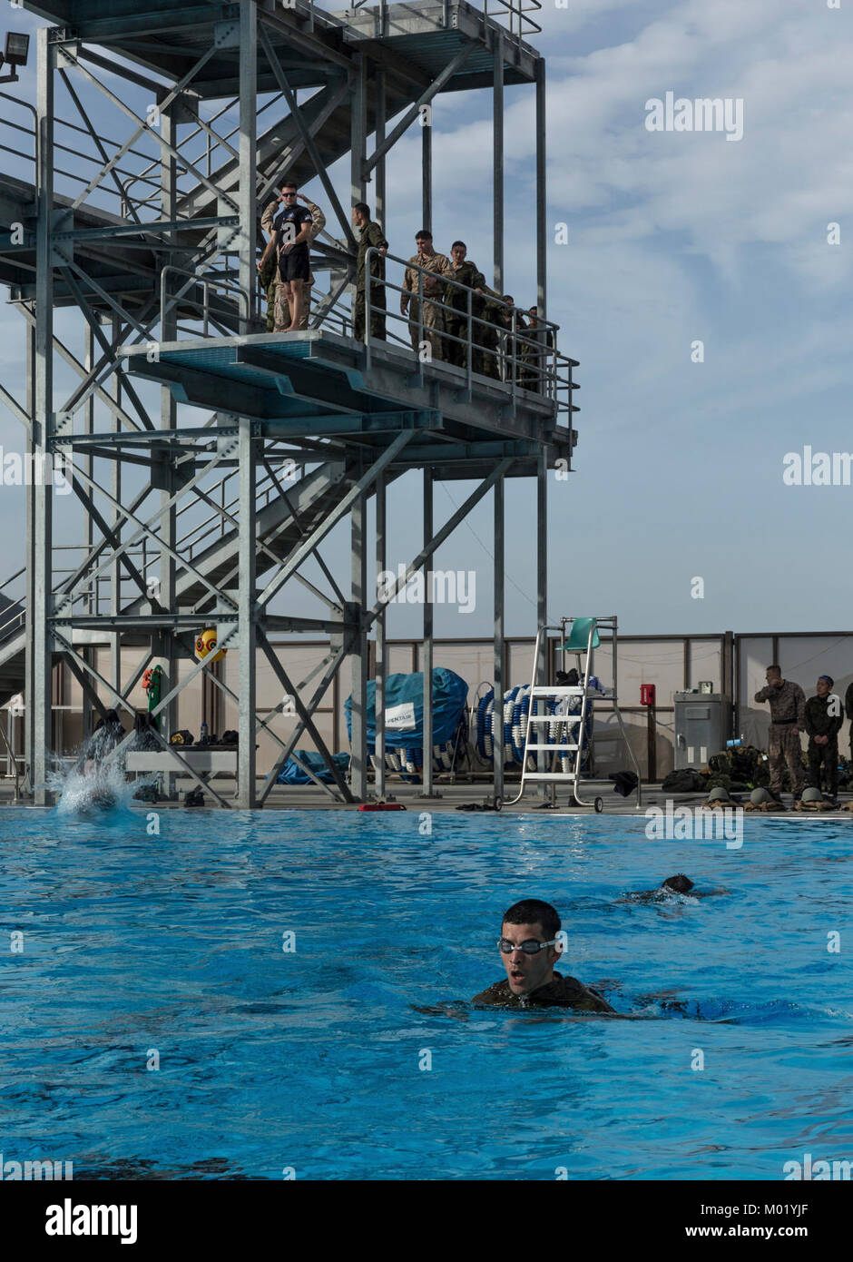Soldiers in the Japan Ground Self Defense Force conduct Marine Corps intermediate swim qualification as a part of the Exercise Iron Fist on Camp Pendleton, CA, Jan. 16, 2018. Exercise Iron Fist brings together U.S. Marines from the 11th Marine Expeditionary Unit and Soldiers from the Japan Ground Self Defense Force, Western Army Infantry Regiment, to improve bilateral planning, communicating, and conduct combined amphibious operations. (U.S. Marine Corps Stock Photo