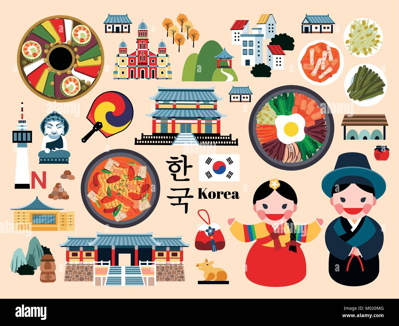 Lovely Korea travel concept set, Korean traditional culture symbol collection, korea country name in Korean words Stock Vector