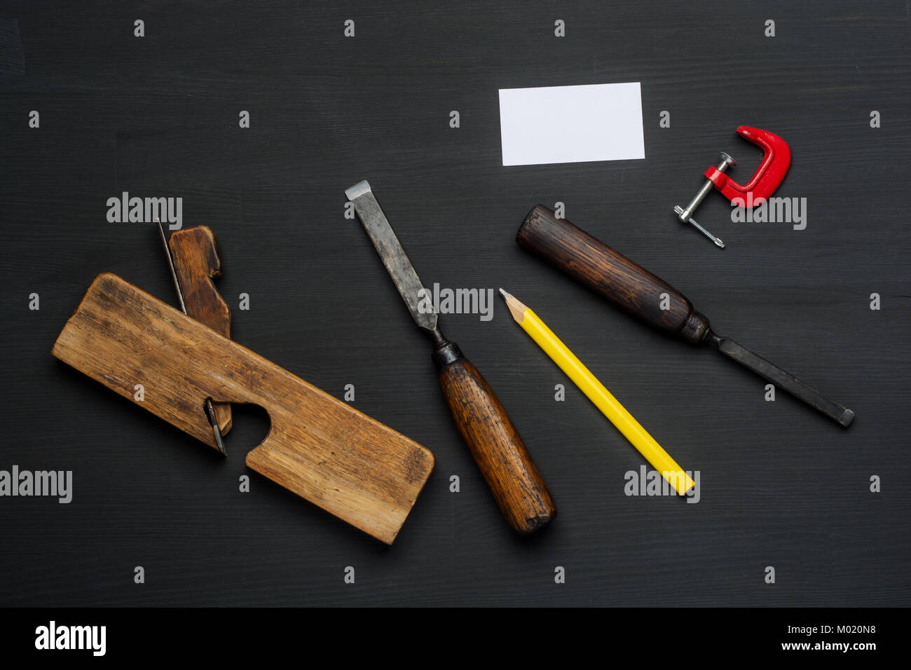 Top view of carpenter tools equipment set on wooden table Stock Photo
