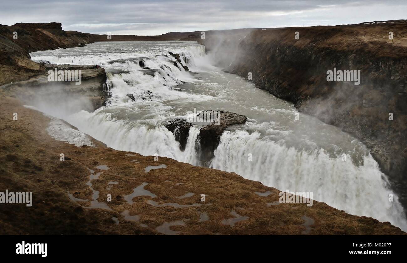 Famous Icelandic Touristic Attraction: Waterfall Gull Foss Stock Photo