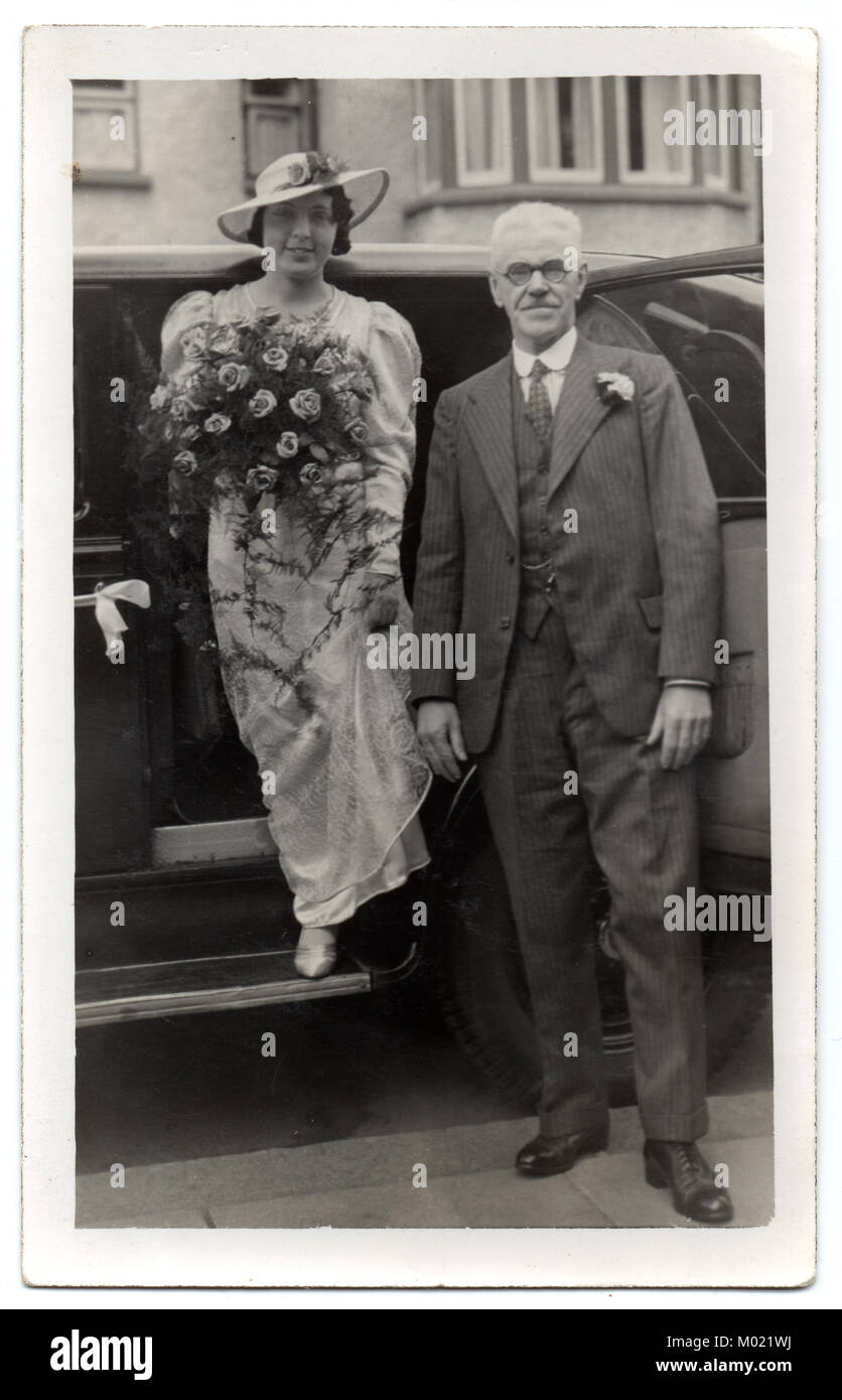 Beryl Johnson on her wedding day, being taken to the church by her uncle Walter Willatt, 1938.  She was married to Ernest Perrett, and they lived in Westcliff-on-Sea, Essex, England, UK Stock Photo