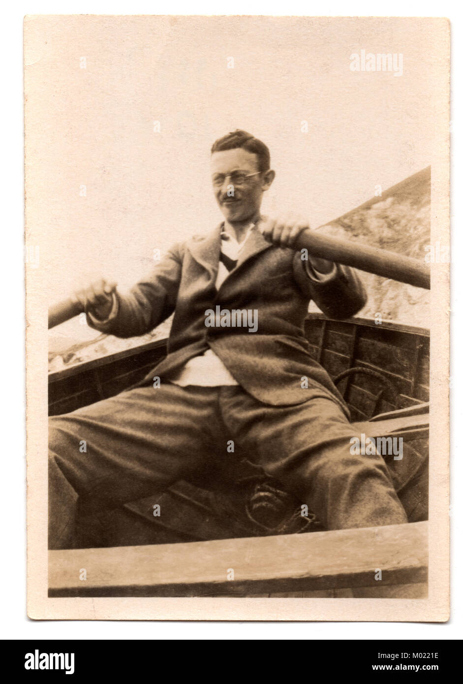 Ernest Perrett rowing in Sandown Bay, Isle of Wight, England, UK, in approx. 1937.  Born in 1903, he was about thirty-four when this photograph was made Stock Photo