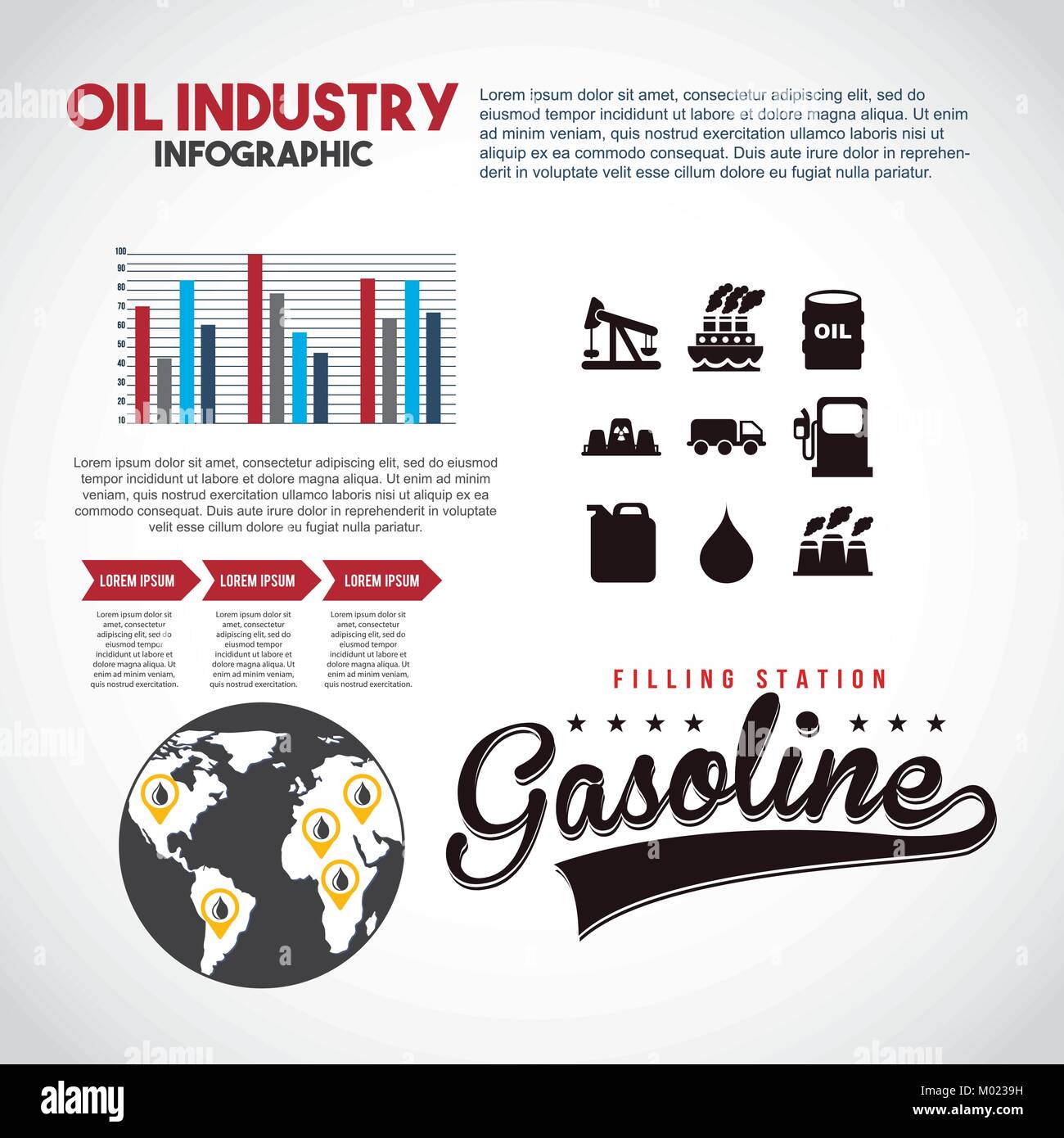 oil industry infographic filling station gasoline statistics Stock