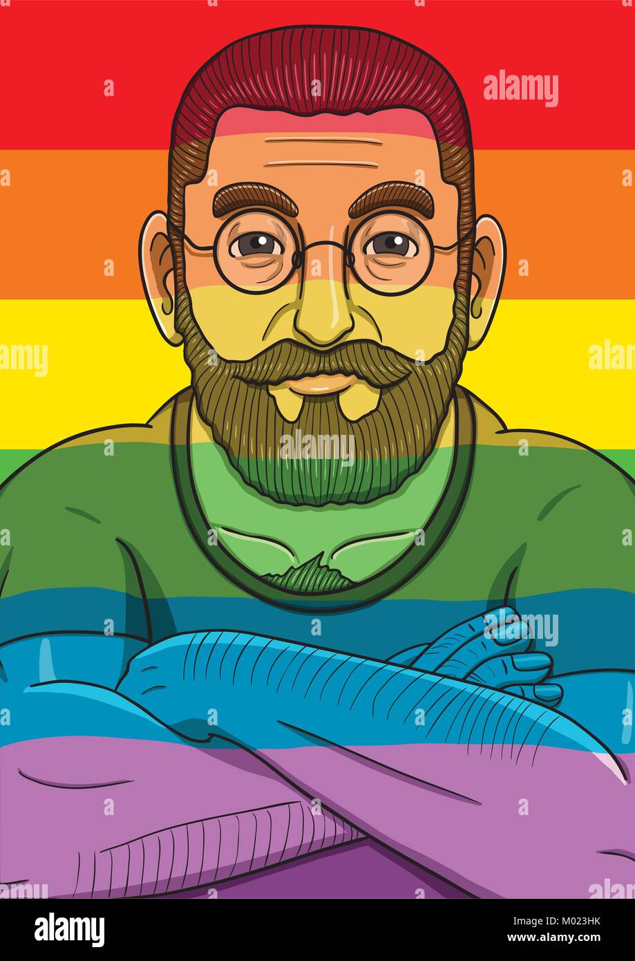 LGBT flag and middle aged bearded man Stock Vector
