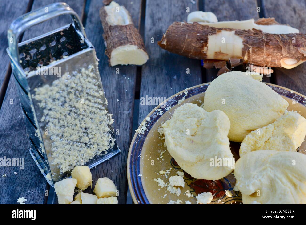 Grating fresh home grown organic cassava to prepare cassava bread, Townsville, Queensland