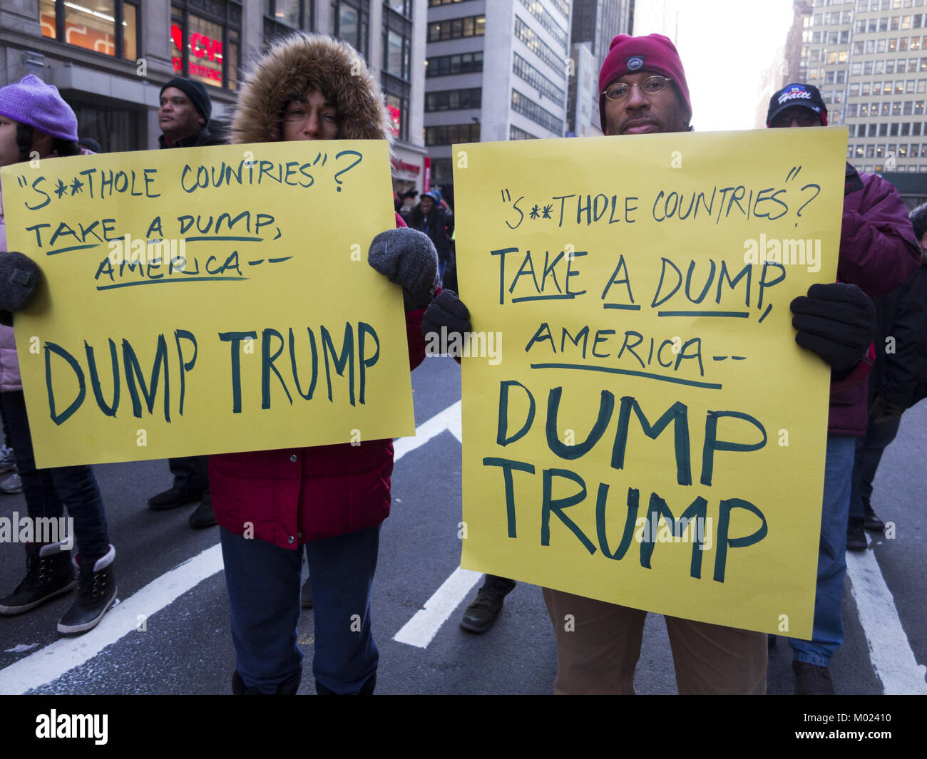 Rally Against Racism: Stand Up for Haiti and Africa in Times Square in NYC on Jan.15, 2018, Martin Luther King Day. Stock Photo